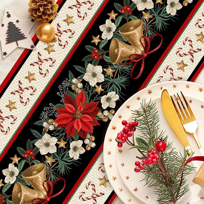 Christmas Bells Table Runner Burlap Kitchen Dining Linen Table Decoration - Image 3