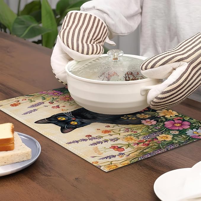 Black Cat Placemats Set of 6, Color Flower Waterproof Non-Slip Washable Table - Image 4