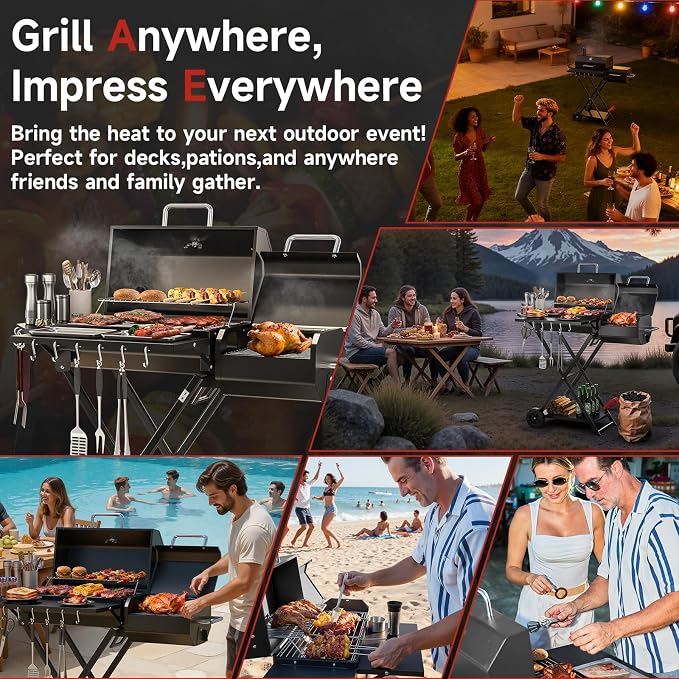 Portable Charcoal Grill with Smoking Function, Foldable Suitcase Design with - Image 5