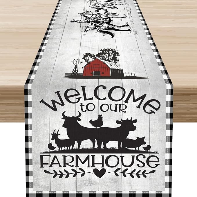 Farmhouse Cow Table Runner, Rustic Rooster Sheep Black White Plaid Animals Farm by Unknown