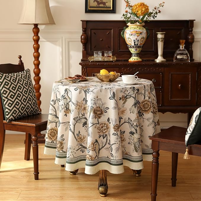 ISAENNE Designer Vintage Linen Round Table Cloth, Floral and Bird Pattern - Image 2