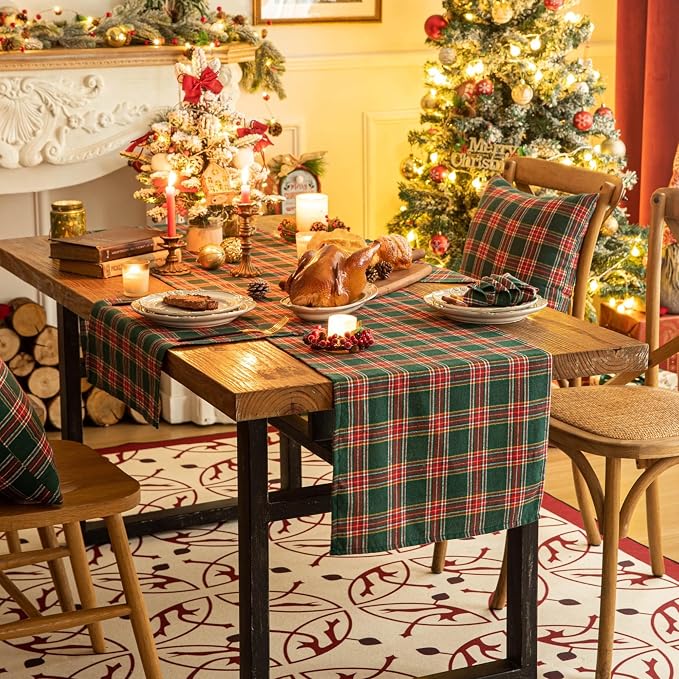 Green Red Plaid Christmas Table Runner, Winter Holiday Table Runners 90 inches - Image 2