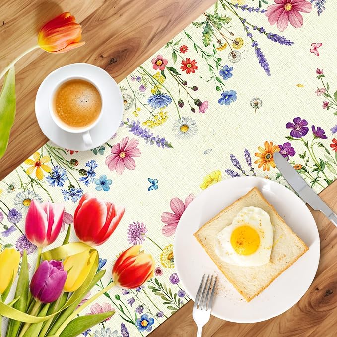 Daisy Tulip Lavender Floral Leaves Summer Table Runner, Spring Home Kitchen - Image 4