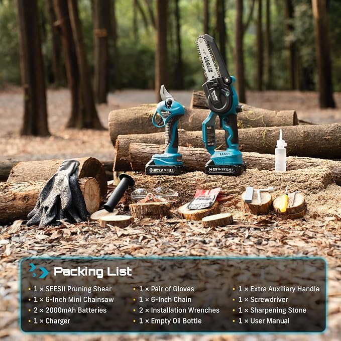 SEESII Mini Chainsaw & Pruning Shears: 6" Electric Saw Brushless & 1.3" Pruner - Image 9