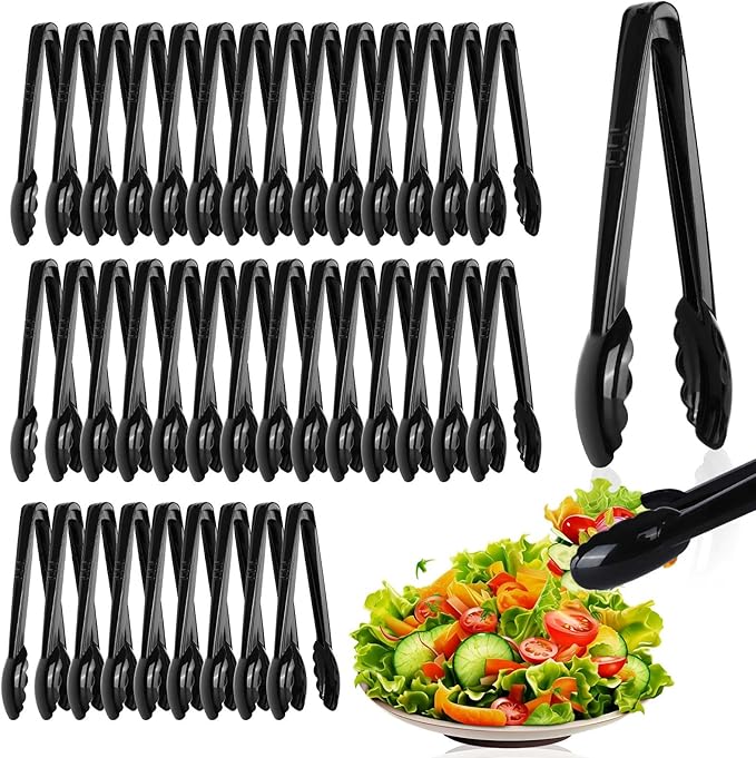Serving Tongs - 40 Count Black Plastic, 8.6-Inch Buffet Tongs