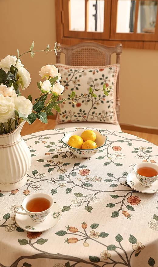 ISAENNE Designer Floral Round Tablecloth, French Linen Light Beige Indoor Table - Image 9