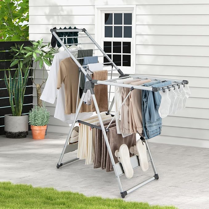 Tangkula Collapsible Clothes Drying Rack, 2-Layer Space-Saving Aluminum Drying - Image 3