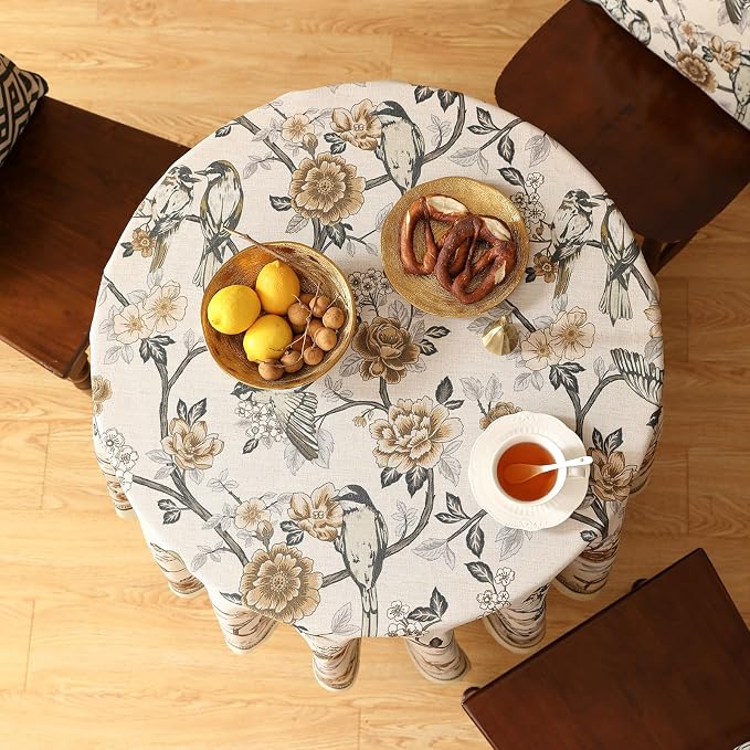 ISAENNE Designer Vintage Linen Round Table Cloth, Floral and Bird Pattern - Image 7