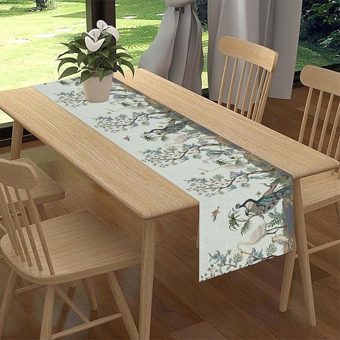 Blue Peacock Table Runner, Rustic Light Blue Crane Floral Branch Table Center - Image 3