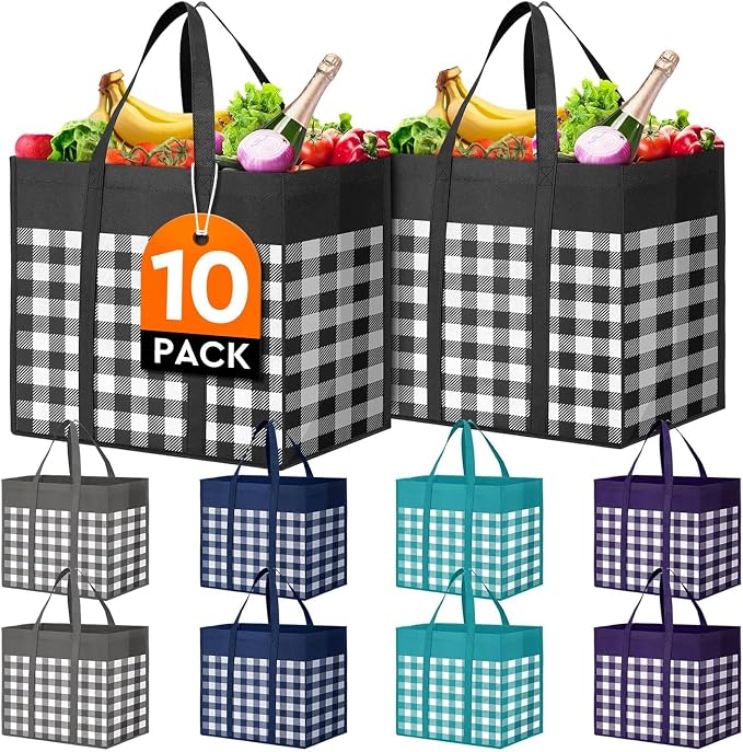 WISELIFE Reusable Grocery Shopping Bags 10 Pack Large Foldable Tote Bags Bulk by WiseLife