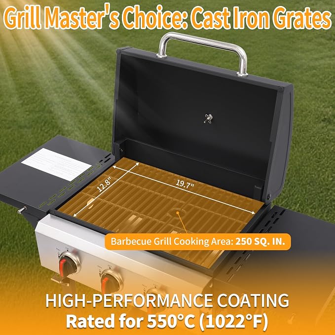 3-Burner 28650 BTU Propane Gas Grill, 252 Sq. In. Cast Iron Grates, Portable - Image 2