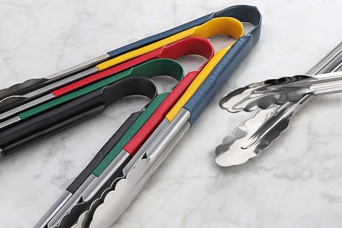 Tongs, 9-Inch Stainless Steel Serving Tongs with Blue Vinyl Handles