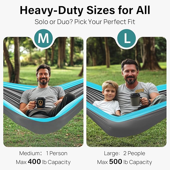 Double Camping Hammock, 500 lb Capacity, Tree Straps, Grey and Sky Blue