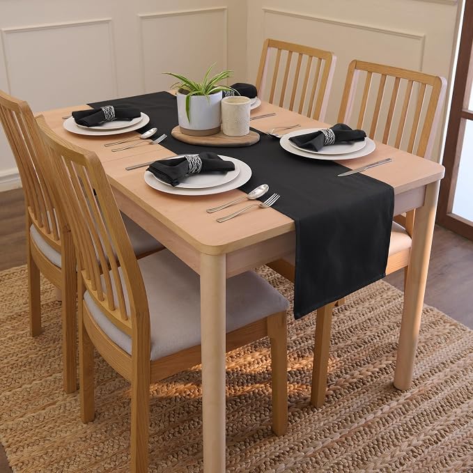 Encasa XO Table Runner 13"x91" Long | Cotton Canvas Fabric | Jet Black Solid - Image 2
