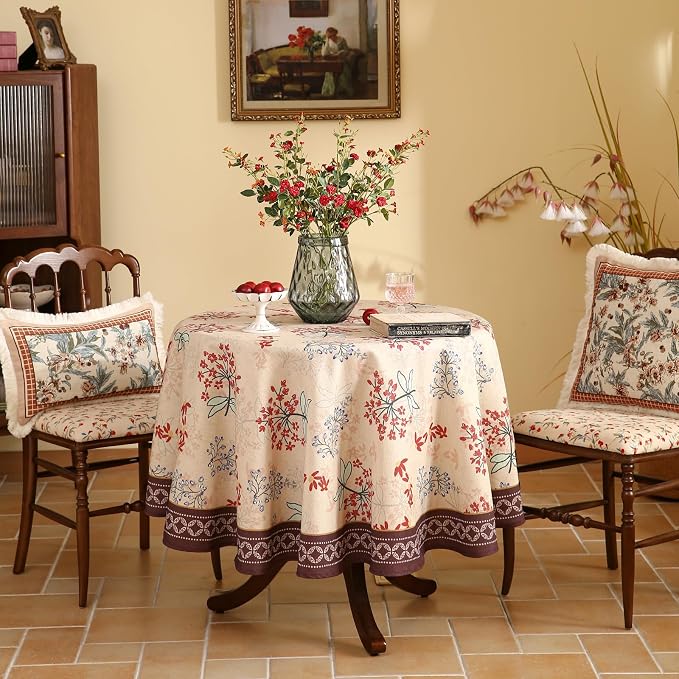 patdrea Designer Linen French Round Table Cloth, Vintage Red Floral Durable - Image 2