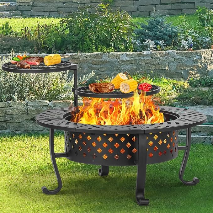 42 Inch Fire Pit with 2 BBQ Grills, Wood Burning Fire Pits by Panovue