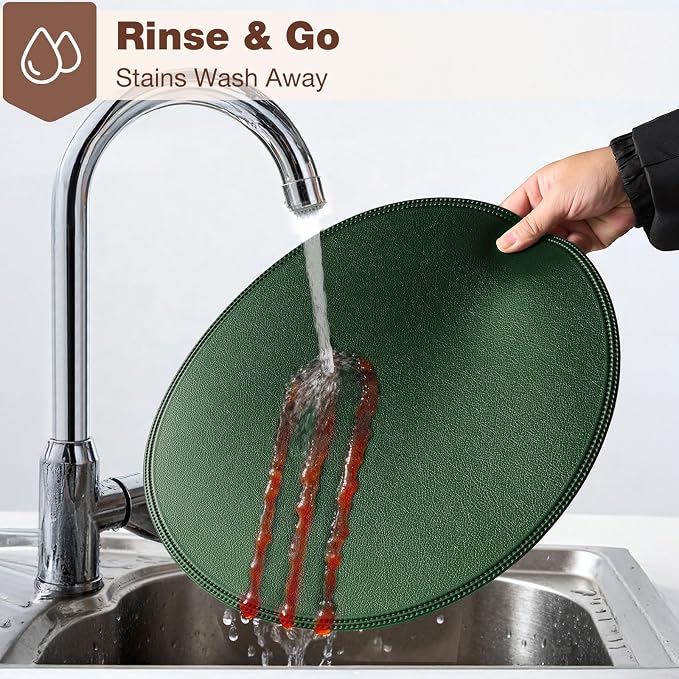 Round Vinyl Green Placemats Set of 6, Faux Leather Waterproof Wipeable Heat - Image 7