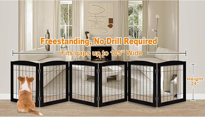 LZRS 6-Panel Extra Wide Wooden Freestanding Dog Gate: Foldable Solid Wood and - Image 2