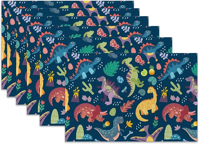 Dinosaur Placemats Set of 6, Cute Tropical Leaves Heat Resistant Table Mats by SNOWMOLLE