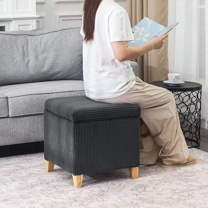 Adeco 18 Inch High Faux Fur Grey Cube Ottoman Storage, Fluffy Striped Velvet - Image 5