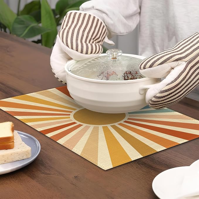 Placemats Set of 6, Vintage Boho Sun Table Mats, Sunrise Sunshine Washable - Image 4
