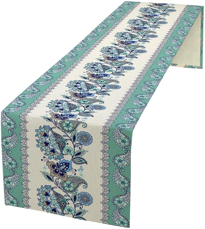 Paisley Table Runner, Vintage Teal Damask Floral Flower Boho Antique Damask - Image 6