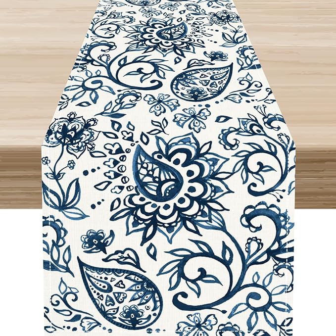 Blue Paisley Table Runner, Vintage Damask Antique Floral Flower Boho Damask by Unknown