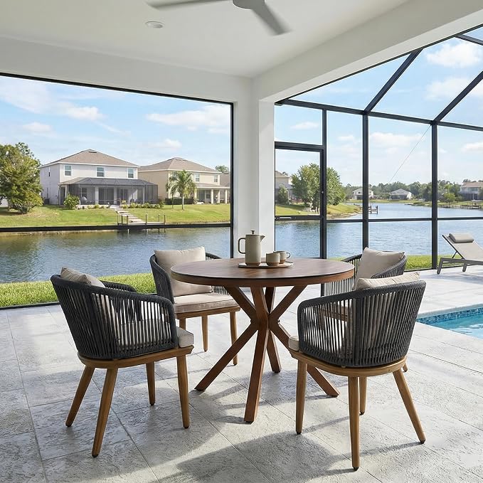 PURPLE LEAF 5 Pieces Patio Dining Set Wicker Outdoor Furniture Round Table and by PURPLELEAF