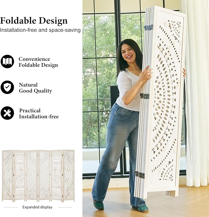 Room Divider Wood Carved Wall Divider Indoor Folding Bohemian Style Portable - Image 4