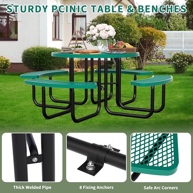 46'' Round Metal Picnic Table for Outdoors, Commercial Steel Metal Picnic Tables - Image 6