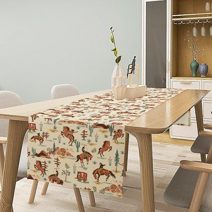 Western Cowboy Table Runner, Vintage Farmhouse Country Cowboy Horse Cactus - Image 3