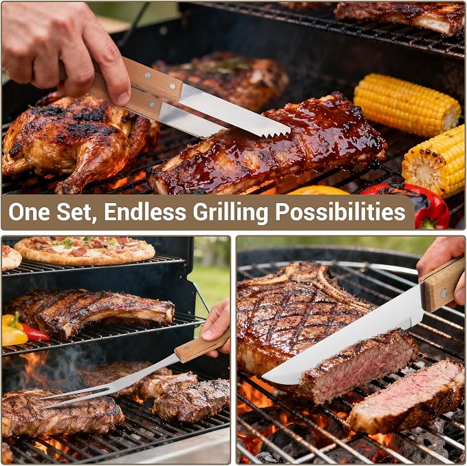 18pcs Wooden Grill Tool Set, BBQ Accessories Heavy Duty Stainless Steel Grill - Image 5