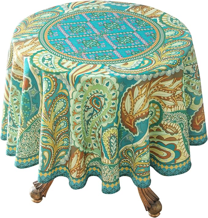 Linen 67 Inch Round Tablecloth, Wrinkle Resistant French Green Tablecloth Print by bilingaier