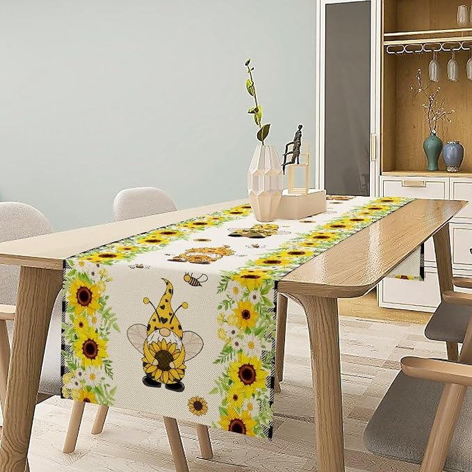 Summer Sunflower Gnome Table Runner, Buffalo Plaid Bee Farmhouse Seasonal Table - Image 3