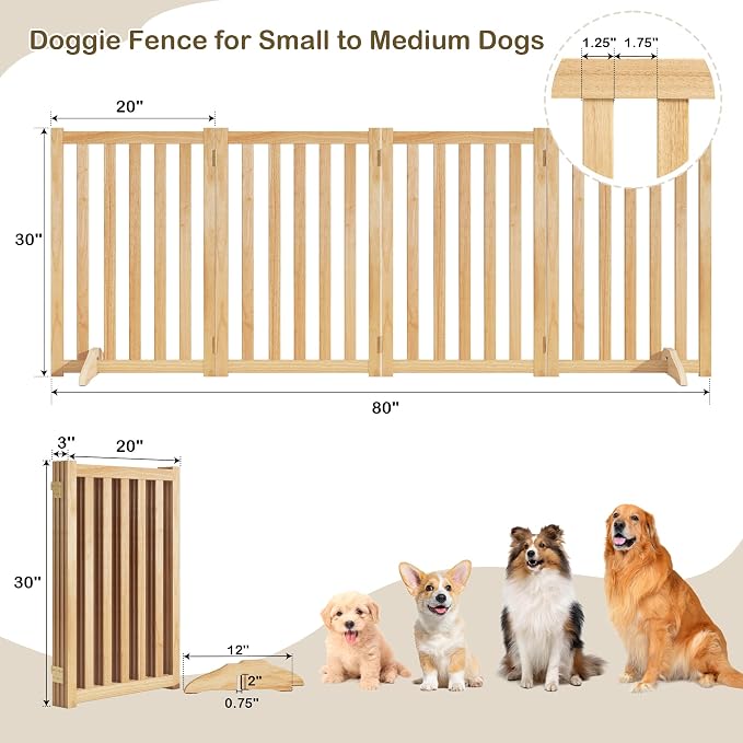 30" Height Tall Freestanding Pet Gate, Solid Wood Folding Safety Fence Wooden - Image 3