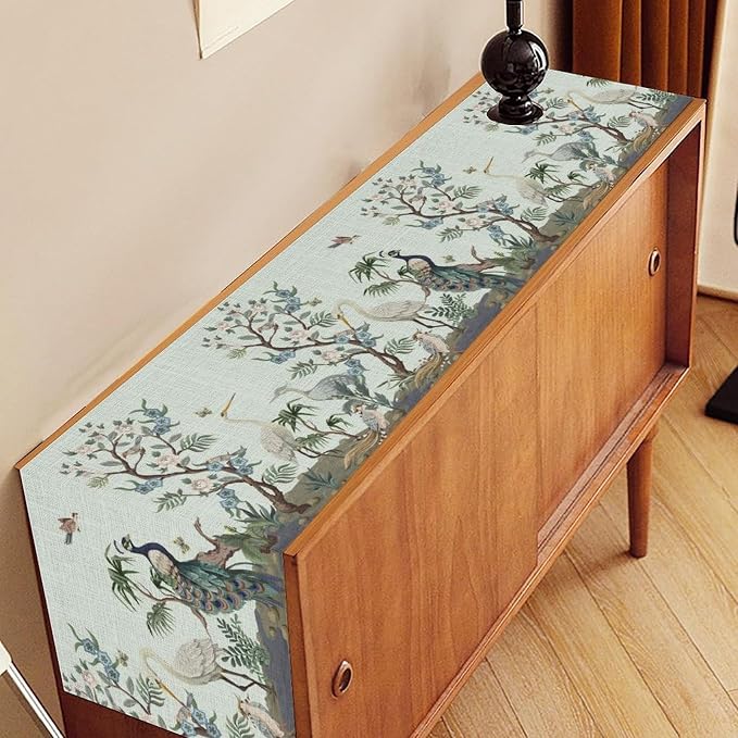 Blue Peacock Table Runner, Rustic Light Blue Crane Floral Branch Table Center - Image 2