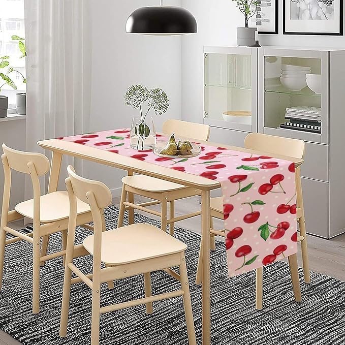 Red Cherry Table Runner, Tropical Fruit Polka Dot Print Table Runner - Image 2