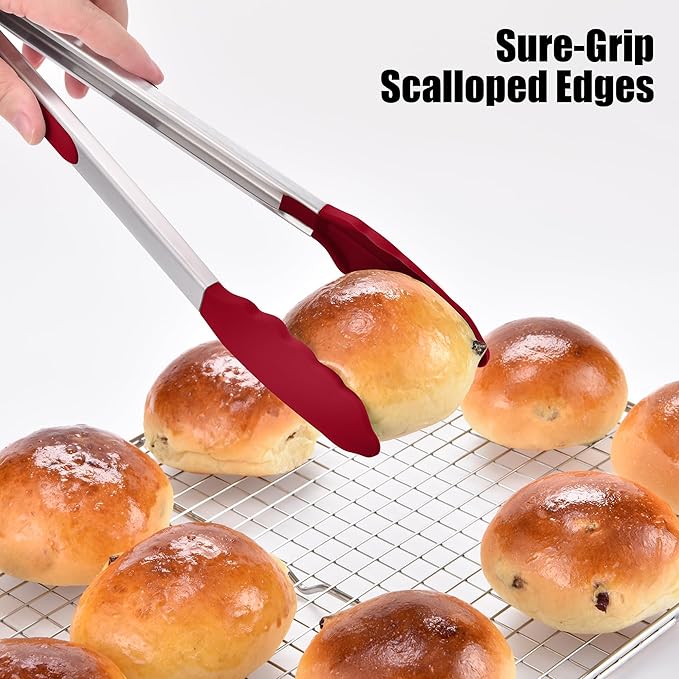 Tongs with Silicone Tips, Stainless Steel, 600°F Heat Resistant, Red