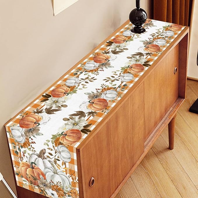 Fall Table Runner, Farmhouse Autumn Pumpkin Harvest Orange Buffalo Plaid - Image 3