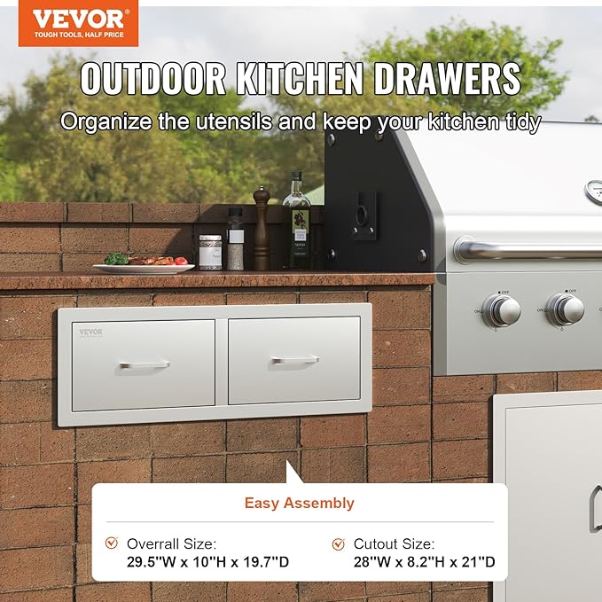 VEVOR Outdoor Kitchen Drawers 30" W x 10" H x 20" D, Horizontal Double BBQ - Image 4