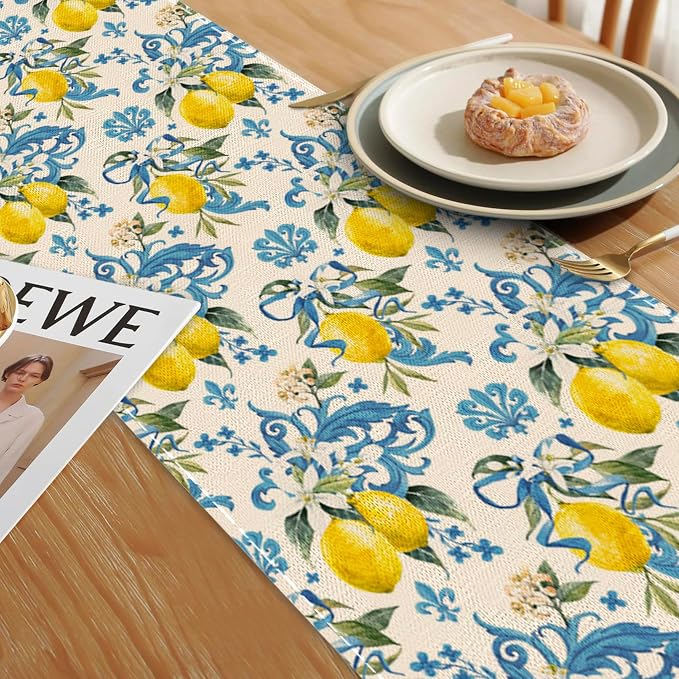 Lemon Flower Table Runner Dresser Scarves Seasonal Linen Tablerunner - Image 6