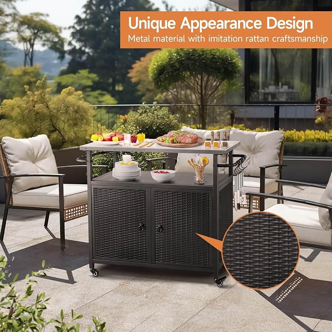 Outdoor Grill Cart with Storage, Outdoor Bar Cart with Wheels, Kitchen Island - Image 6