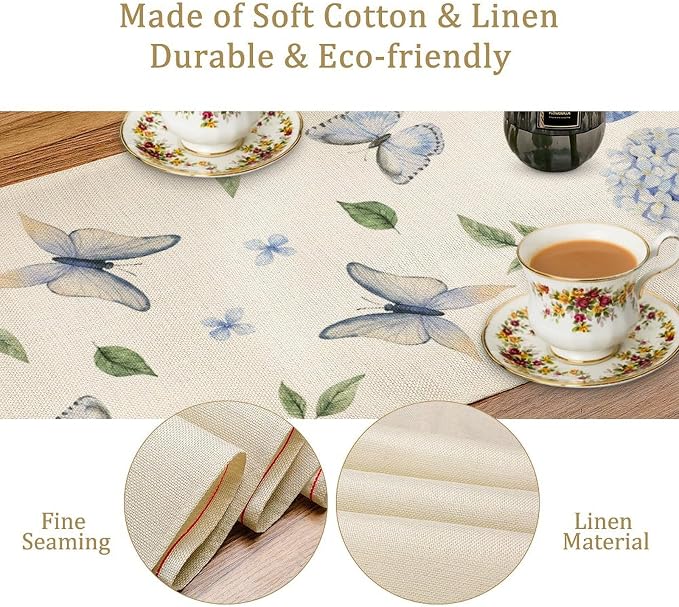 Spring Hydrangea Table Runner, Summer Moth Watercolor Sky Blue Butterfly - Image 6