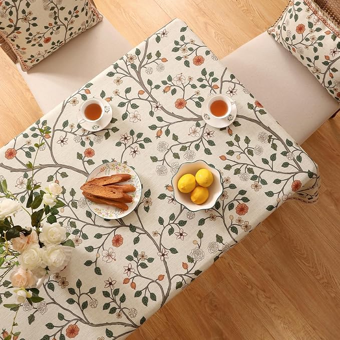 ISAENNE Designer Floral Long Rectangle Tablecloth, French Linen Light Beige - Image 4