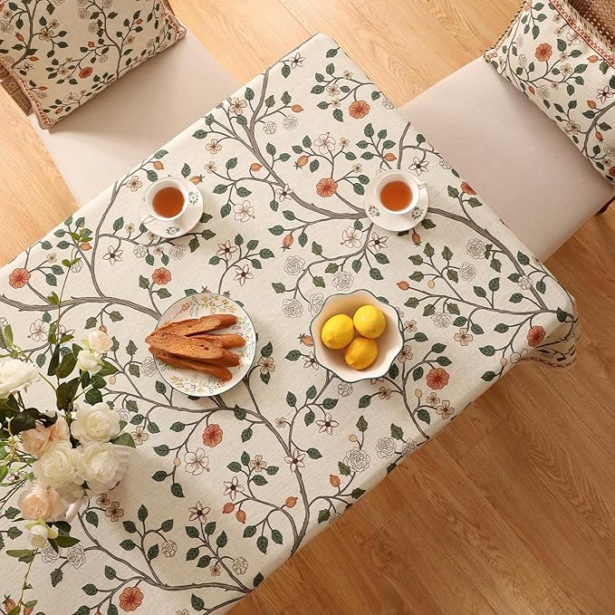 ISAENNE Designer Floral Table Cloth Rectangle, French Linen Light Beige Indoor - Image 4