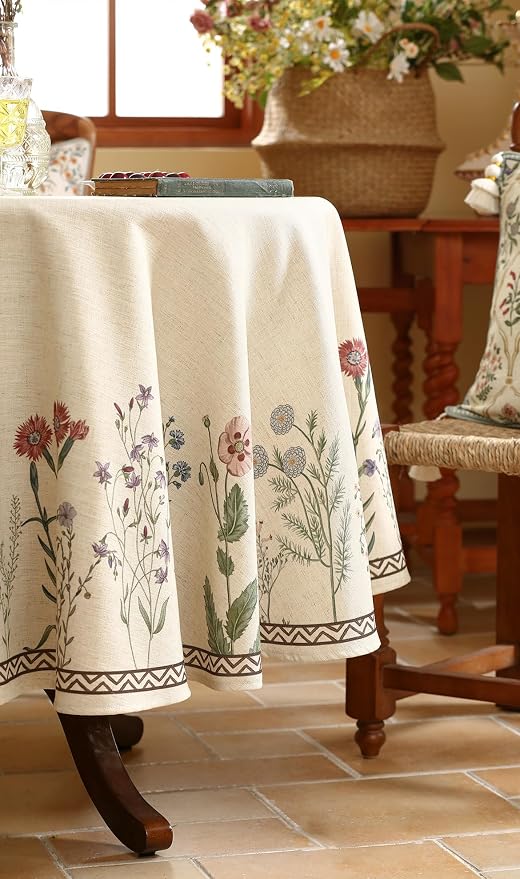 ISAENNE Designer Off White Linen Round Tablecloth, Floral Elegant Table Cloth - Image 5