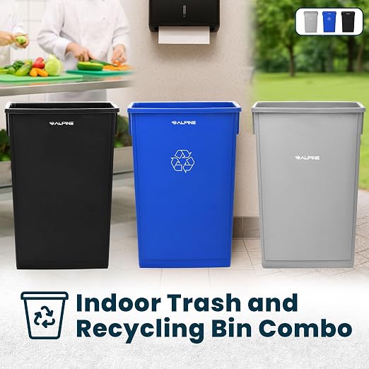 Alpine 23 Gallon Slim Recycling & Trash Bin Set – 3-Pack Blue/Black/Grey - Image 7