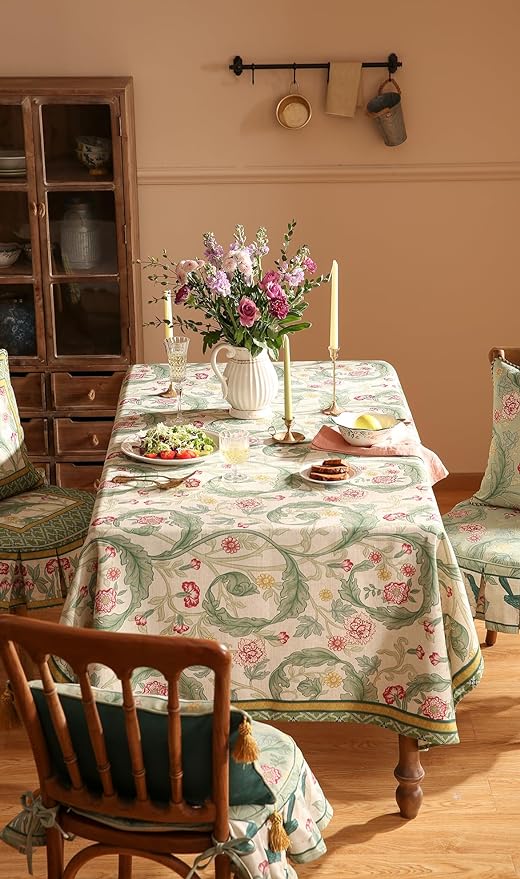 patdrea Designer Linen Small Green Square Tablecloth, Leaves Pattern Floral - Image 9