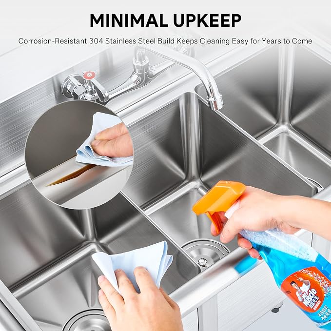 WILPREP 3-Compartment Sink, Freestanding Triple Bowl Utility Sink, Work Station - Image 4