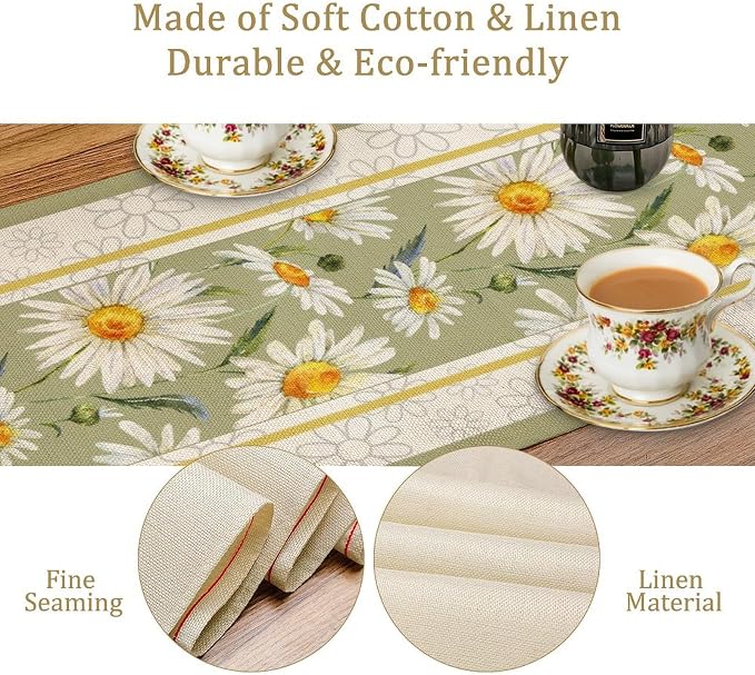 Daisy Flower Table Runner, Summer Watercolor Plants Floral Spring Garden Table - Image 6